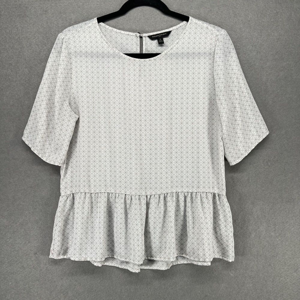 Banana Republic Top Womens Small Gray‎ White Chiffon Peplum Elbow Sleeve Office